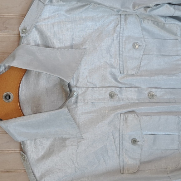 Luisa Cerano Silver Metallic Dressy Long Sleeve Utility Button Down Tunic Blouse - Picture 3 of 13